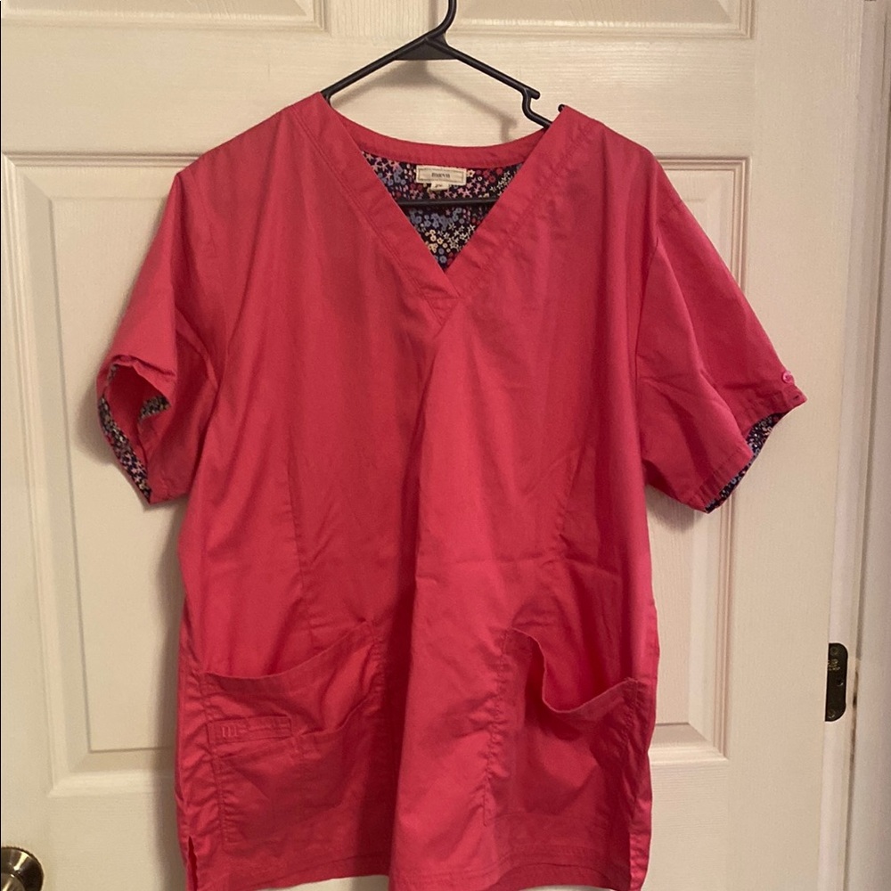 Maevn 2x Pink Scrub Top with Floral Trim